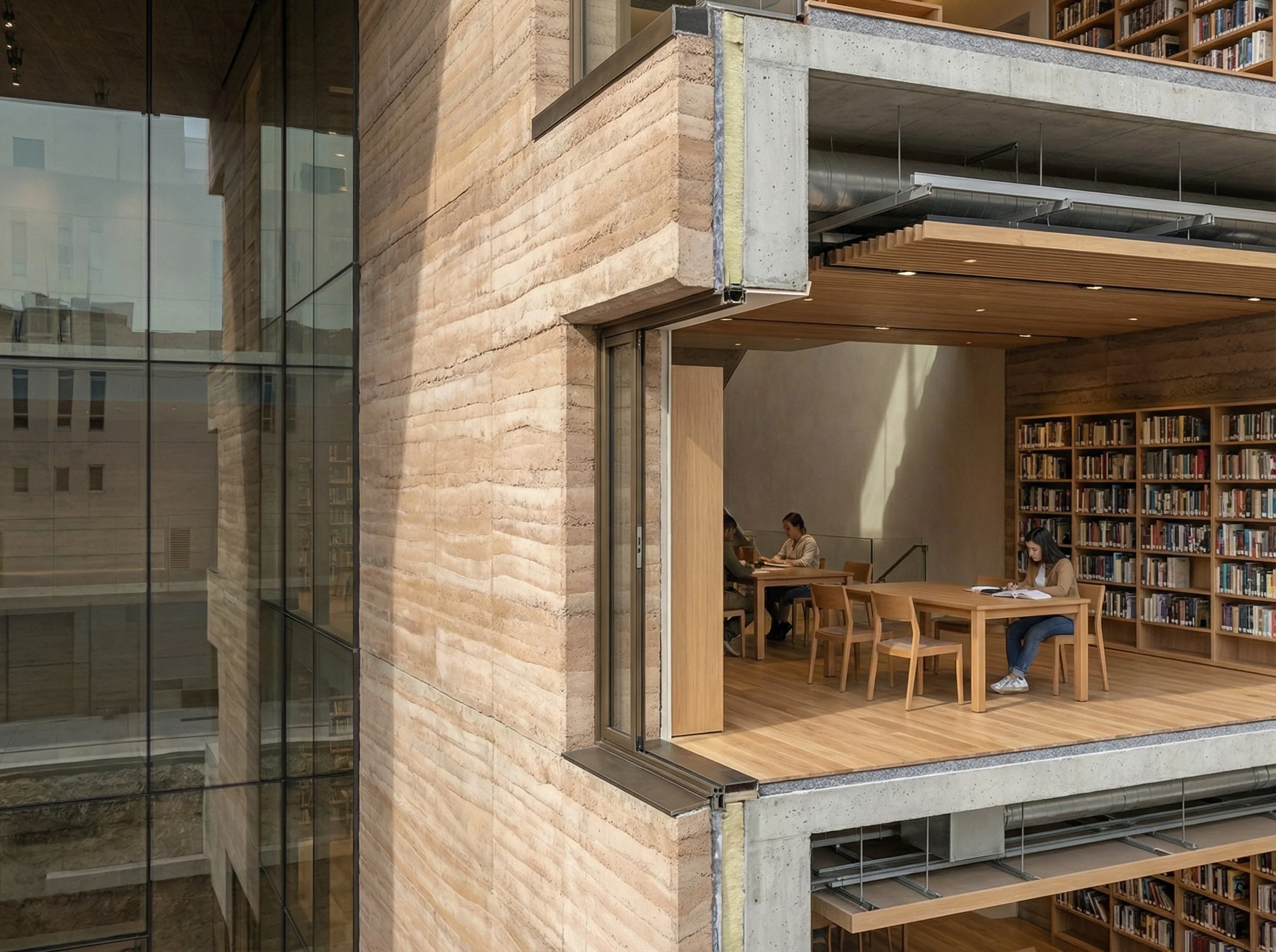 The building is organised as a vertical sequence of reading spaces.
Voids and terraces create visual connections across levels.