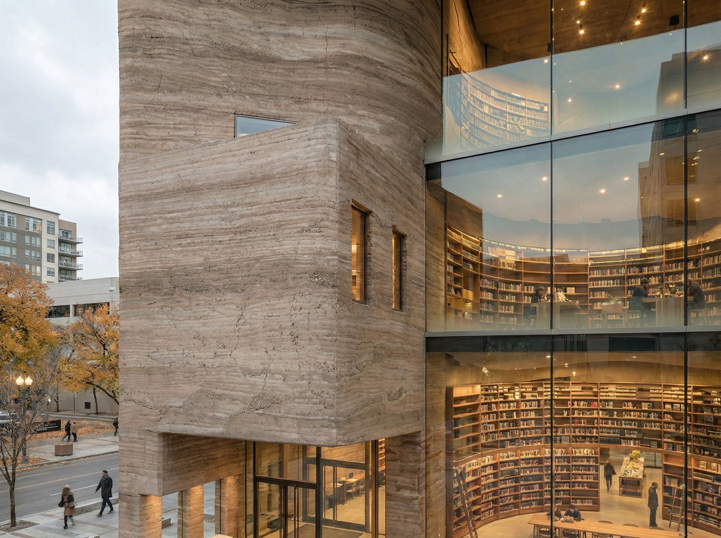 Transparency exposes the interior life of the library. The contrast between earth and glass defines the building’s spatial identity.