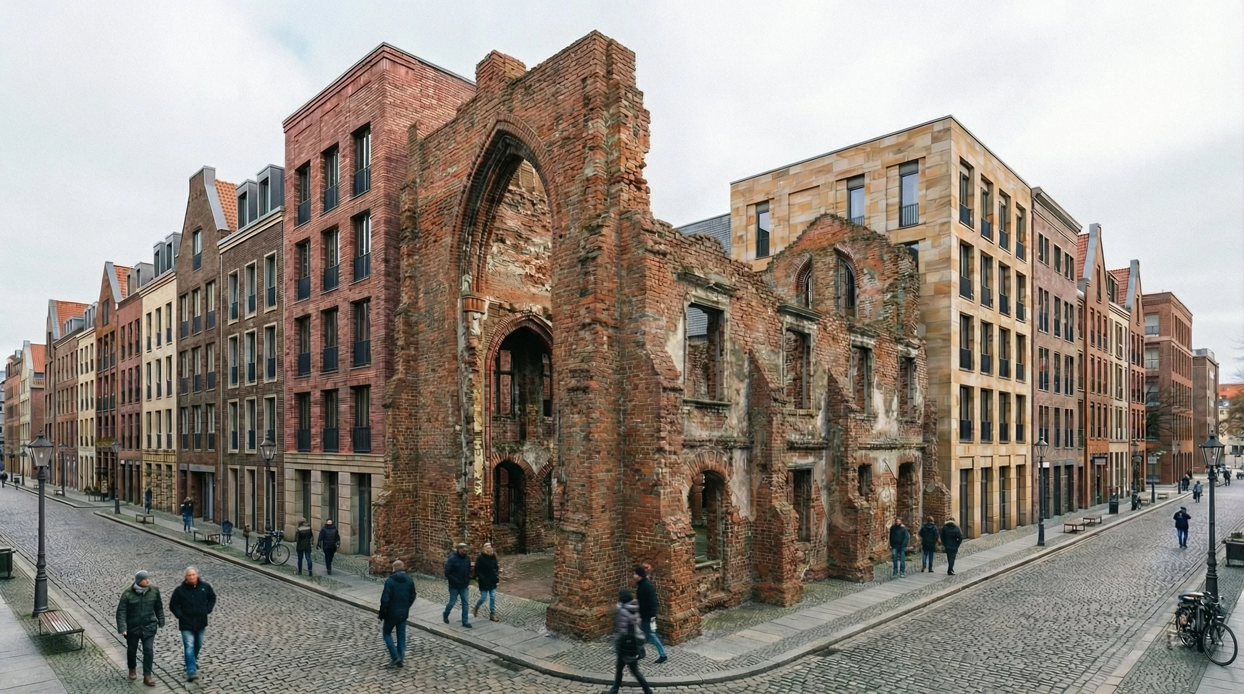 The building stands as a fragment of time, exposed and incomplete, yet still defining the space around it. Its worn brick carries traces of what once was, shaping the street not through function, but through presence. Even in its ruined state, it con