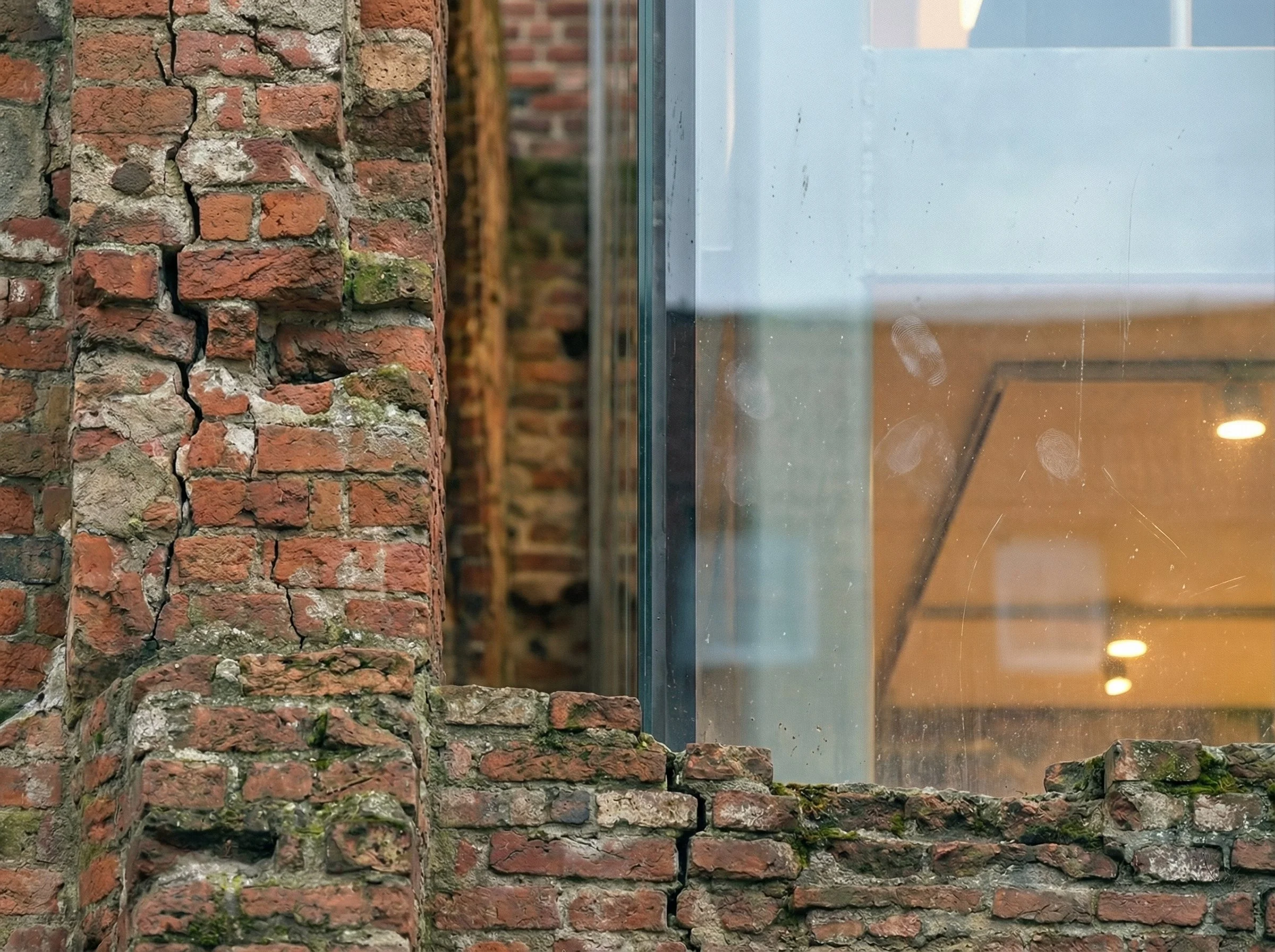 At close range, the dialogue becomes more intimate. Rough, weathered brick meets a smooth glass surface that reflects and softens its imperfections. The boundary is not abrupt, but negotiated through texture, light, and time.