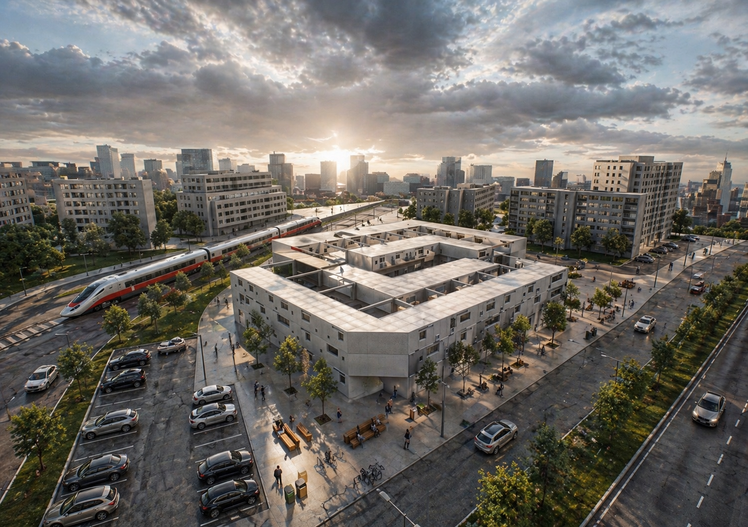 A former industrial structure is transformed into a courtyard-centered housing system that reconnects urban living with nature.