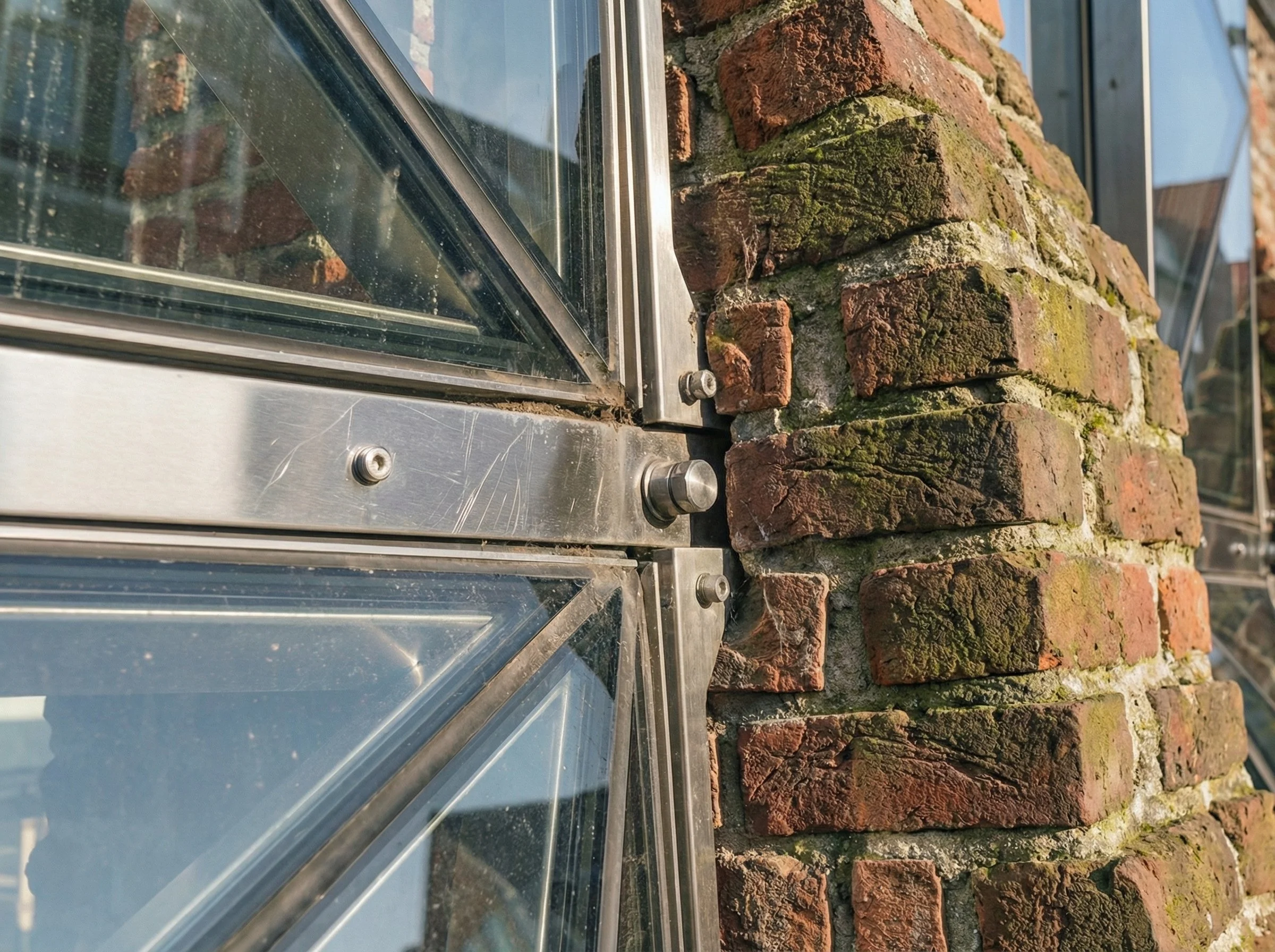Reflections blur the boundary between inside and outside, old and new. The surface captures fragments of the surroundings while revealing the texture behind it. The façade becomes a shifting condition, never fully one or the other.