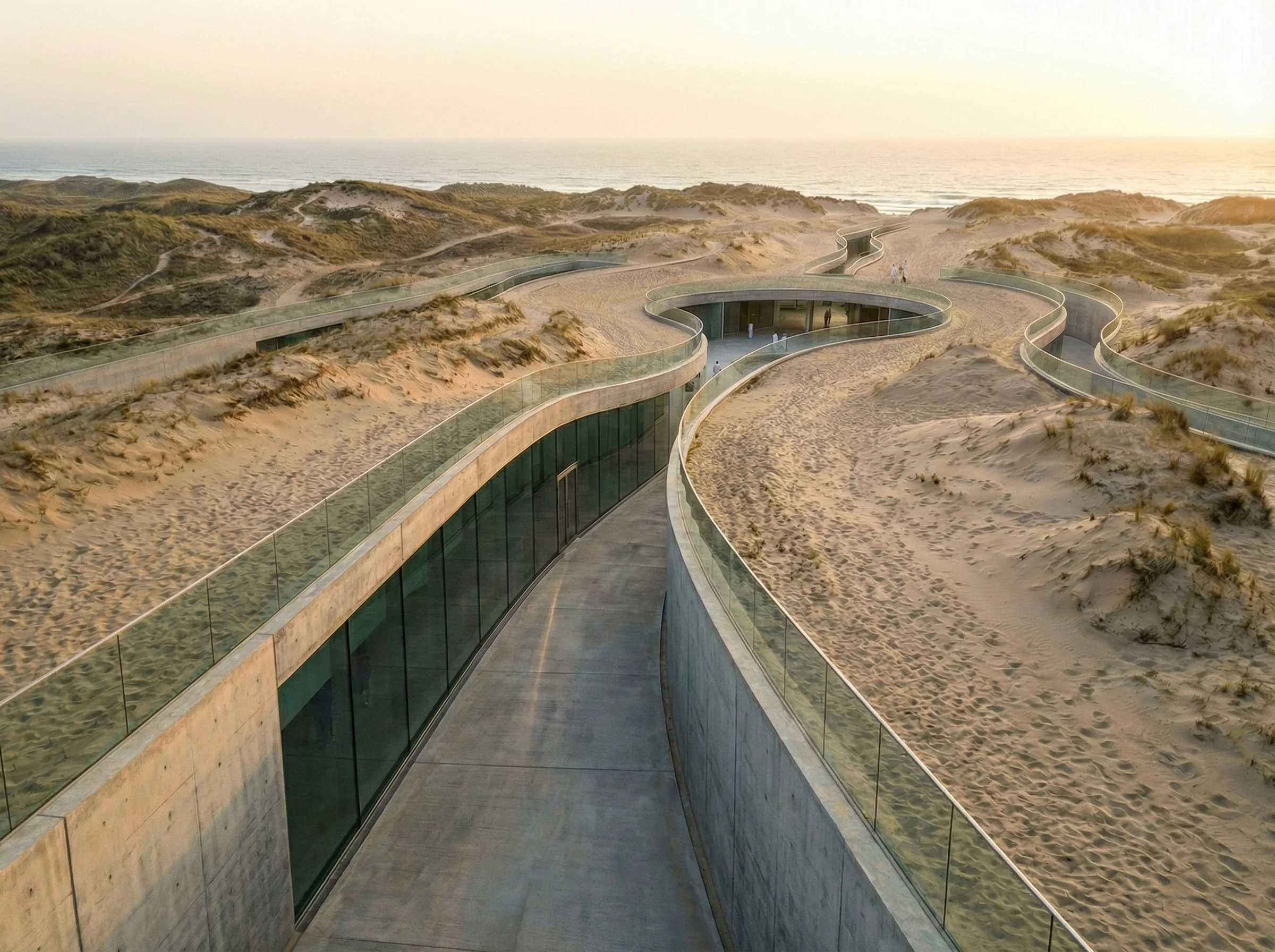 The entrance is not a moment, but a transition. As the ground slowly descends, the horizon begins to fade and the body is gently drawn inward. Movement becomes quieter, more aware, as architecture begins to replace landscape.