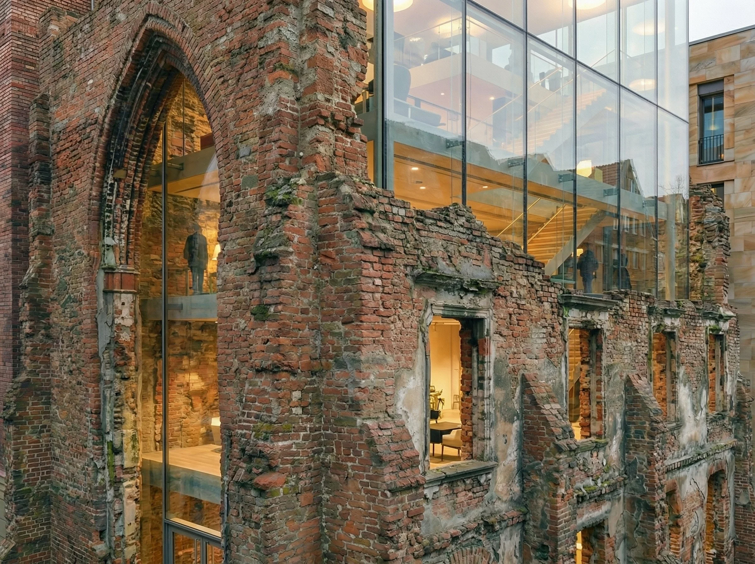 The façade no longer acts as a barrier, but as a layered threshold. Openings become moments of connection, where glimpses of the interior animate the old structure. What was once closed and static now participates in the life of the building again.