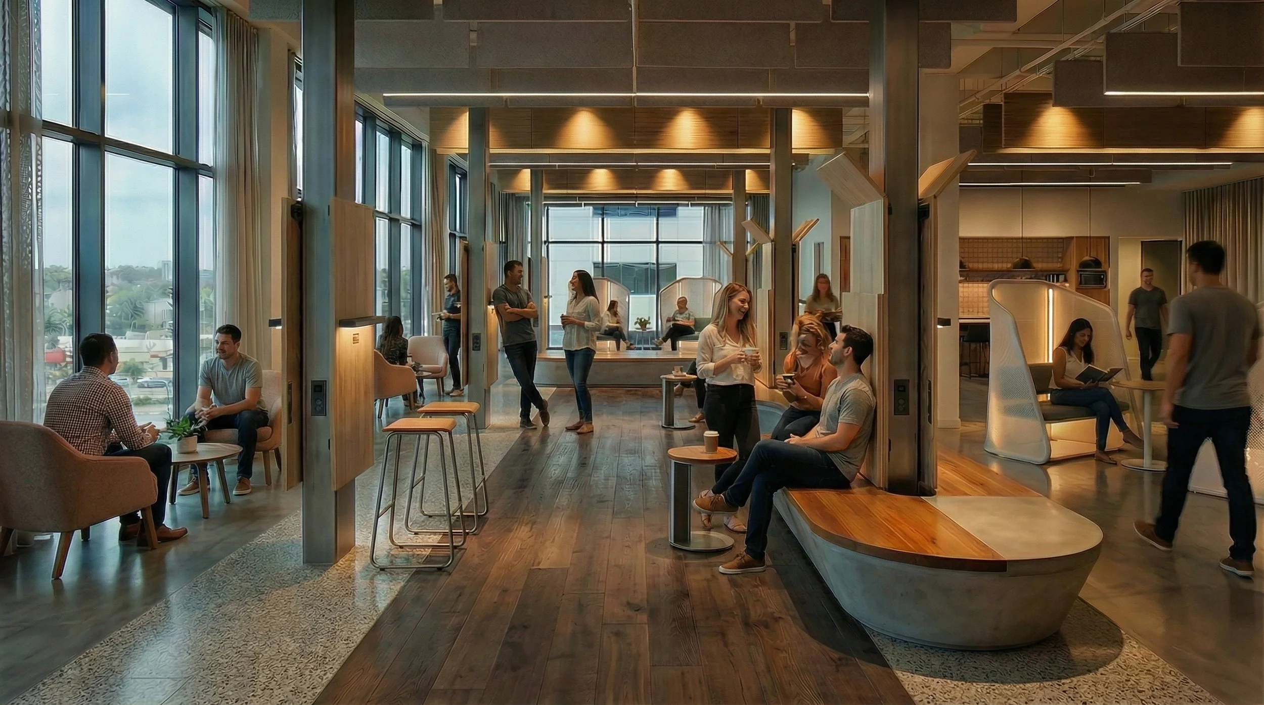 SOCIAL ANCHOR ZONE

A space for brief social interactions that structure the rhythm of the day.
It supports connection while preventing work from extending into social moments.