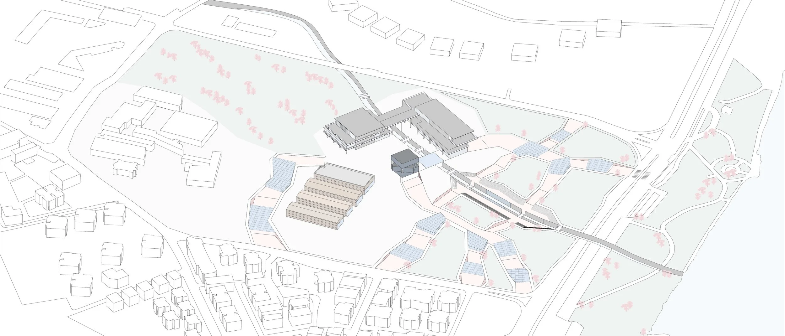 The project integrates into the existing urban fabric while redefining it through landscape interventions. The cracks act as connectors between different programmatic areas.