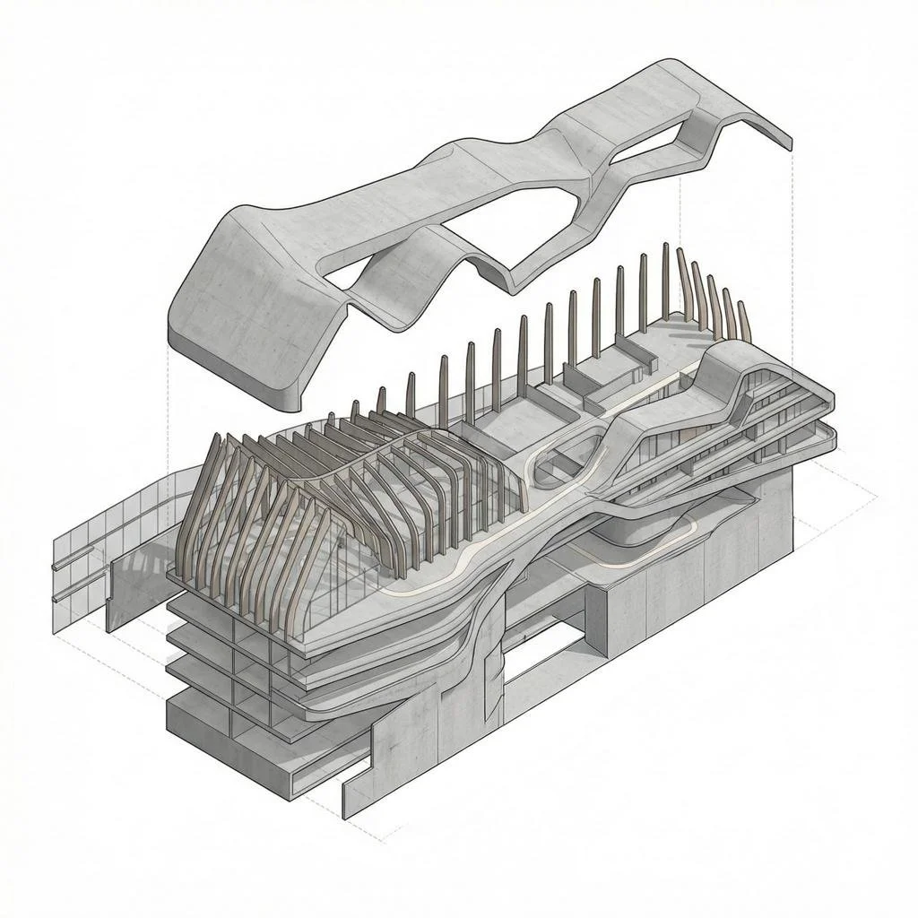 When the building is opened, its internal logic becomes clear. Layers separate, revealing relationships that are otherwise hidden. Structure, space, and movement align into a system that is both precise and quiet, holding the complexity of the whole.