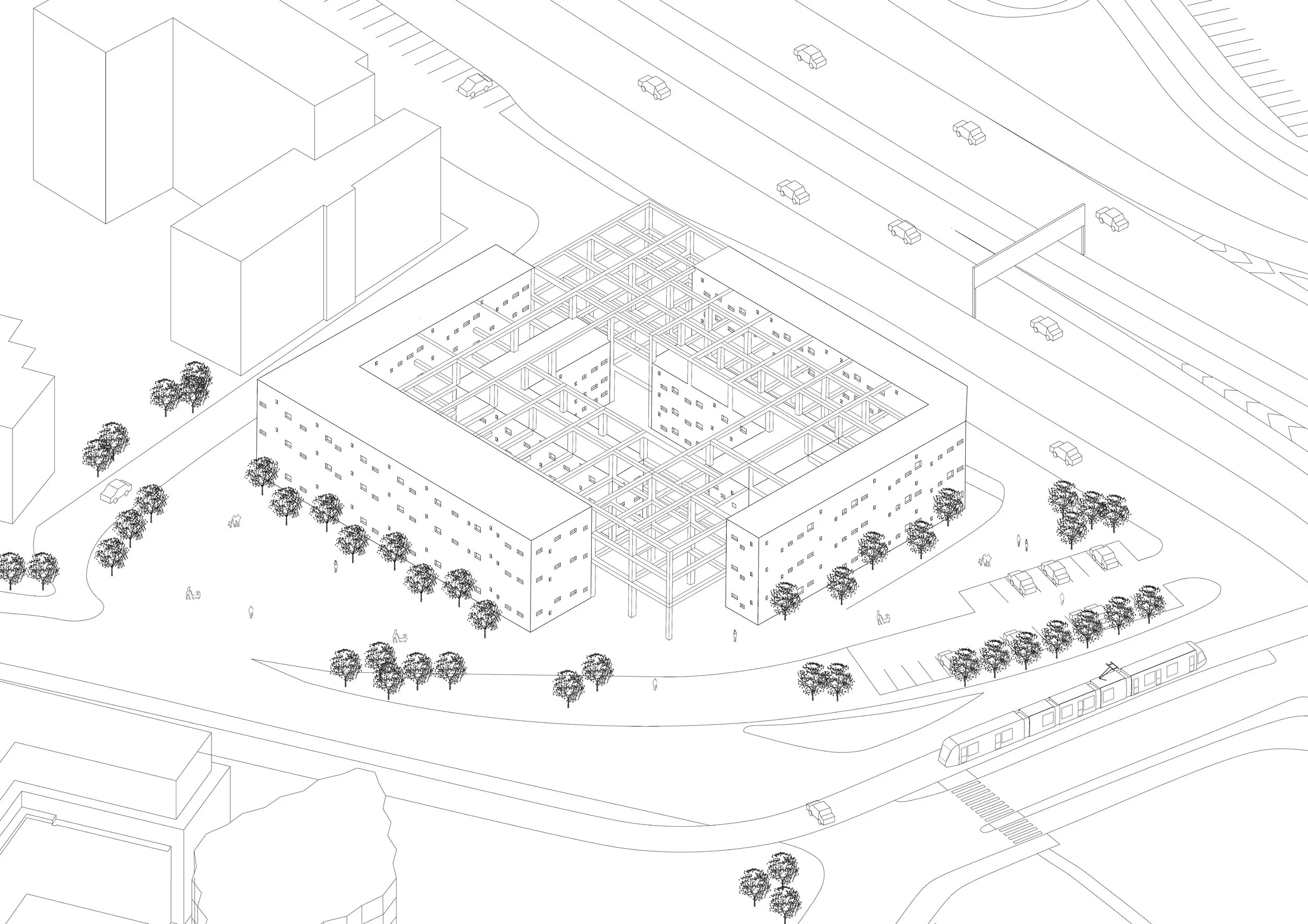 The proposal integrates into the urban fabric while redefining it through a more introverted and controlled layout.
The central courtyard becomes the primary organizing element of the project.