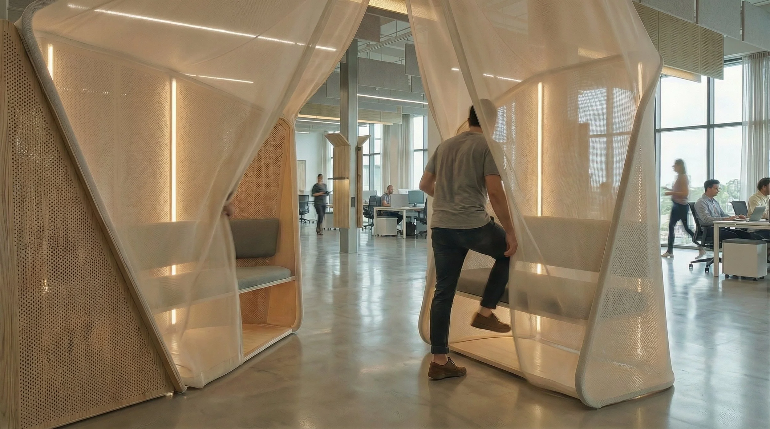Behaviour is guided without signage through spatial design elements such as height, posture, and access.
The space communicates expectations silently.