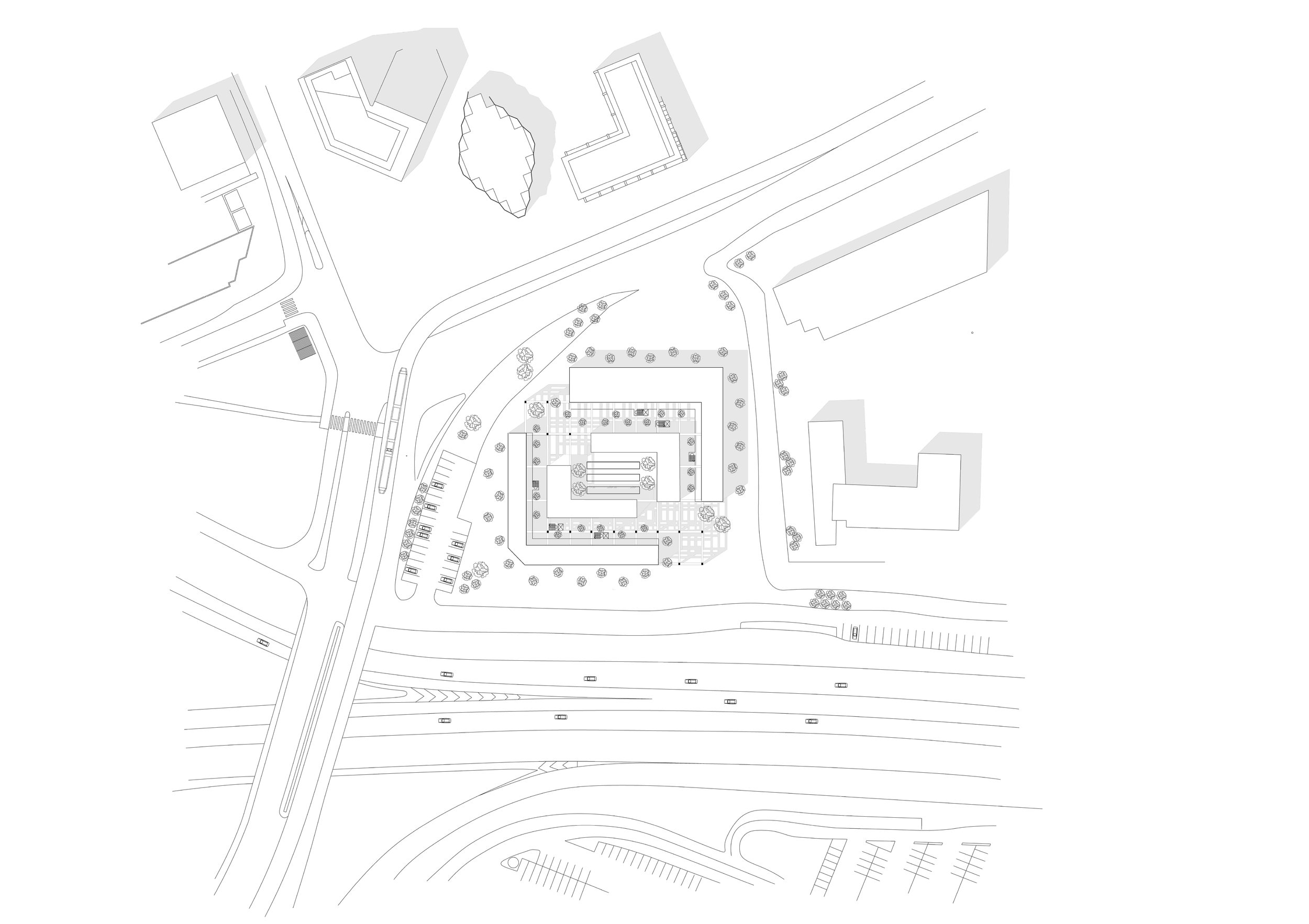 The building mass is structured around a continuous inner void, ensuring visual and spatial connectivity across the housing units.
This configuration enhances both circulation and environmental quality.
