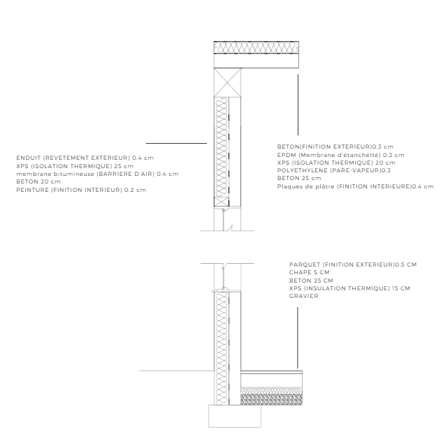 The section illustrates the material layering and construction logic of the adapted building.
It reflects the integration of new systems within the existing structural framework.