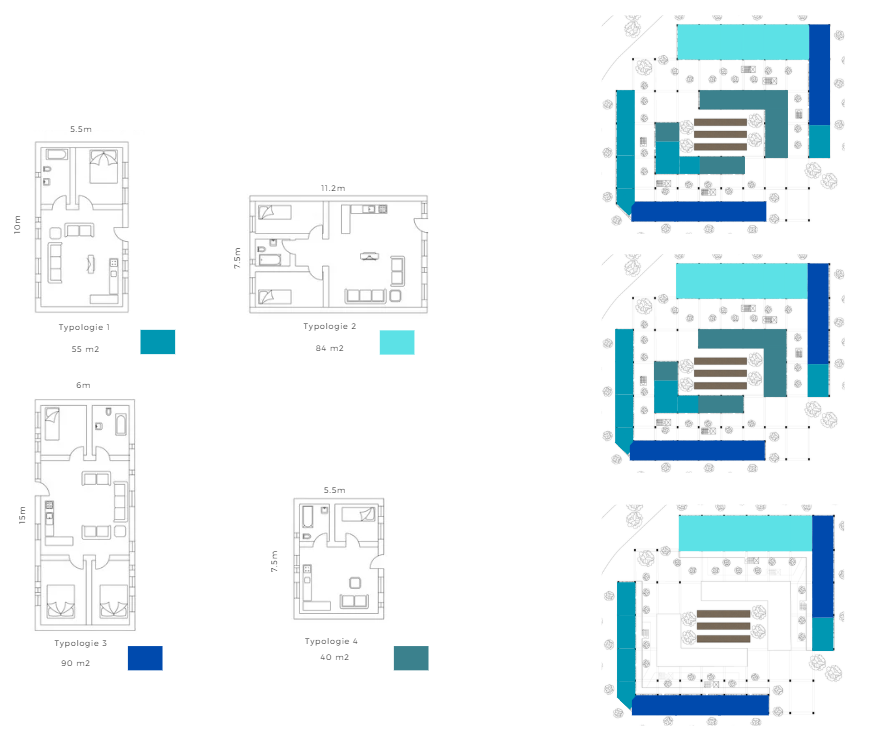 Different housing typologies are developed to respond to diverse user needs.
Each unit type balances compact living with access to light, ventilation, and shared space.