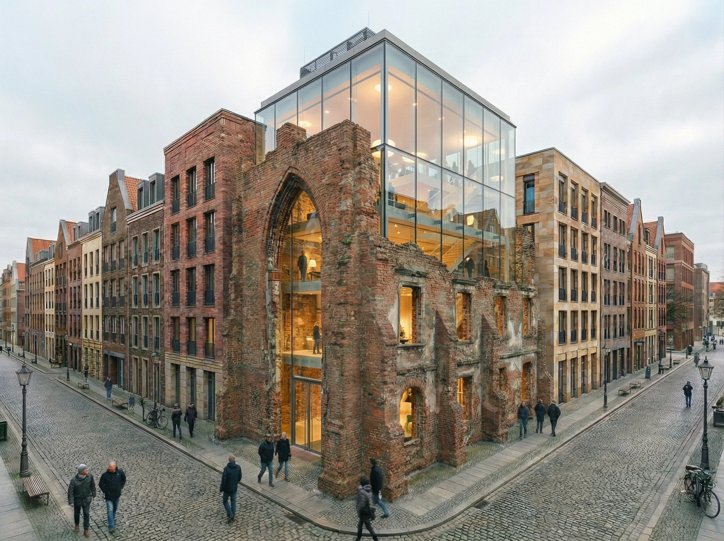 A new structure settles gently behind the existing façade, not attempting to repair it, but to inhabit it. The transparency of the glass reveals life within, allowing the old walls to frame a new interior condition. The building begins to breathe aga