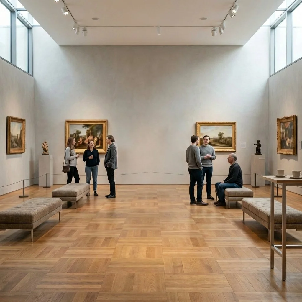Reset Zone
Daylight, softer textures.
Standing social interaction, with artworks and social exchange coexisting.
Experience: Release, relaxation, rebalancing.

