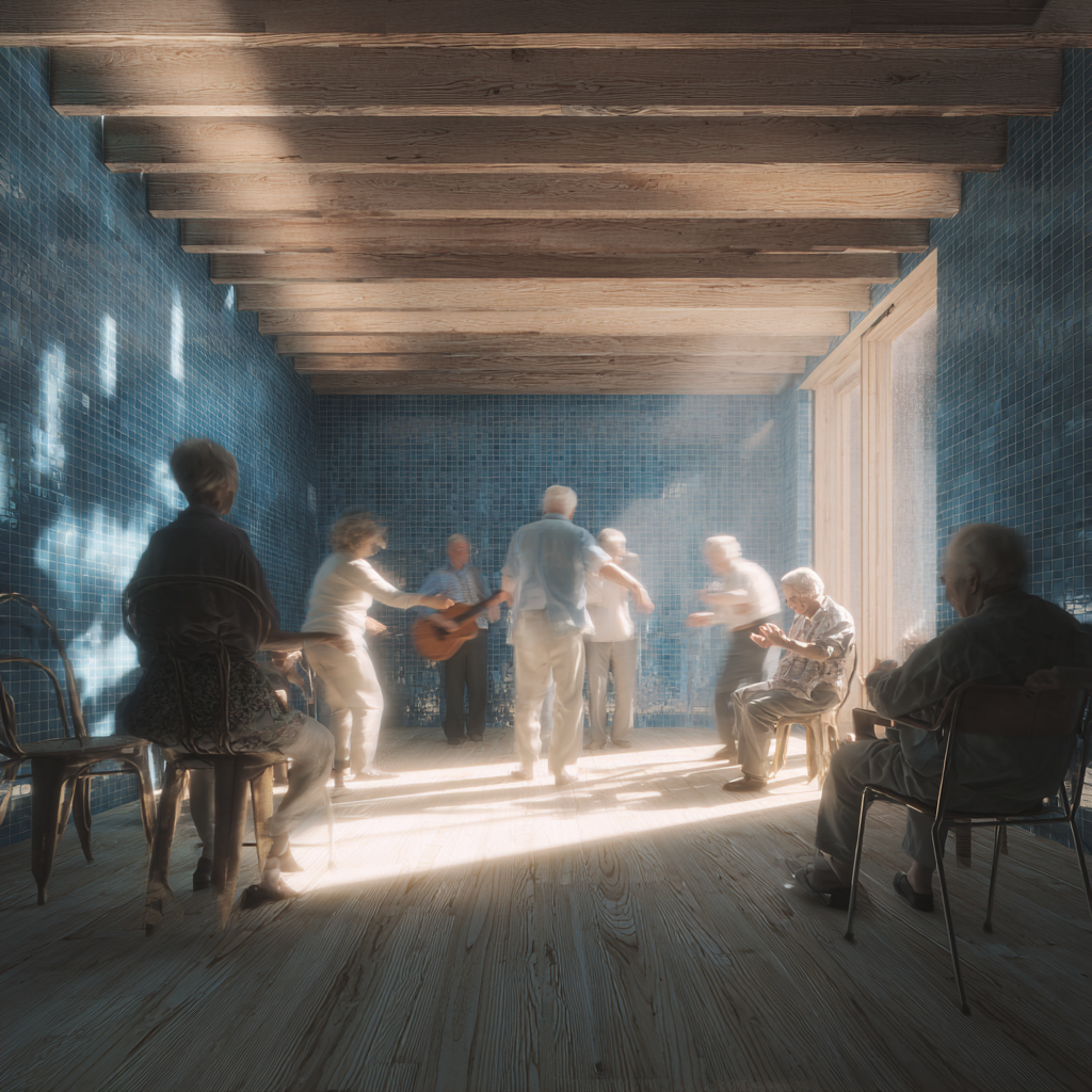 Collective activities emerge organically within flexible spaces.
Participation is optional, allowing each individual to engage at their own pace.