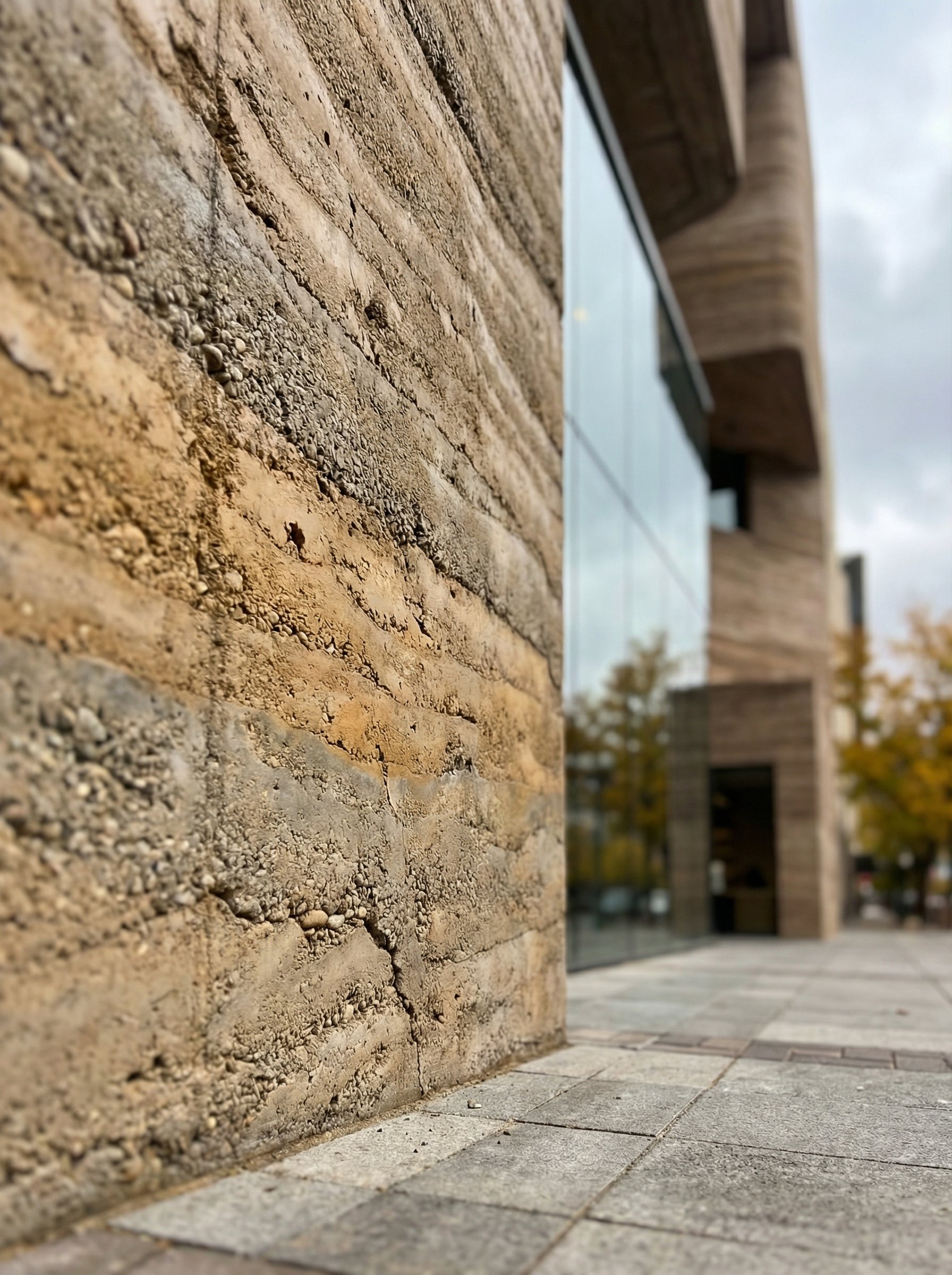 The tactile quality of rammed earth reveals layers of time and construction.
Material becomes both structure and expression.
