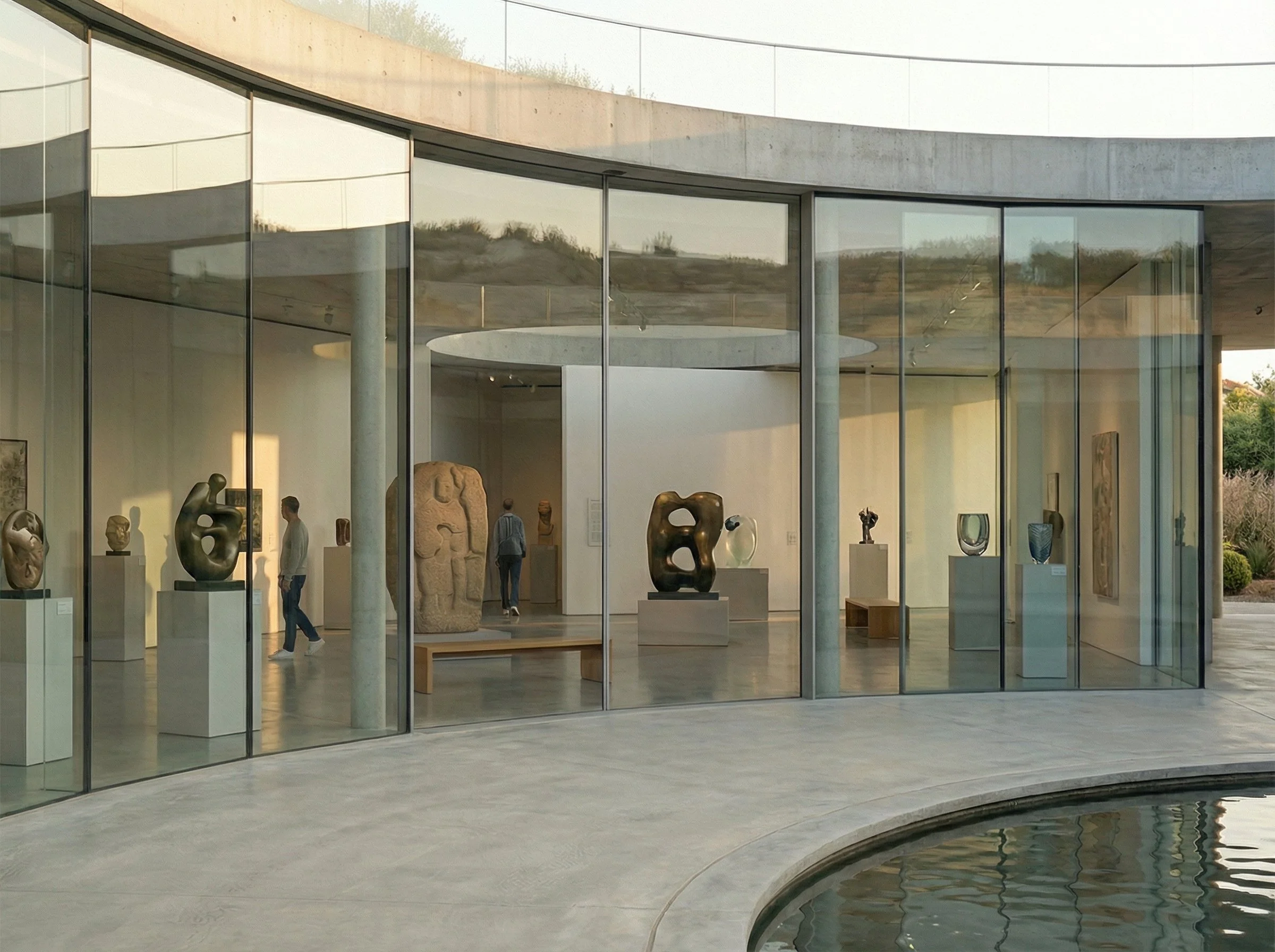 Glass softens the boundary between inside and outside. Reflections, textures, and light overlap, creating a layered condition where the landscape and the interior continuously merge.