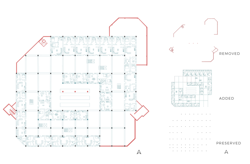 The project preserves the existing structural system while selectively removing and adding elements to accommodate new residential functions.
This strategy minimizes intervention while maximizing spatial transformation.