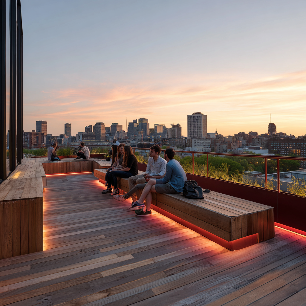 The city becomes a distant backdrop for reflection and connection.
Outdoor spaces extend the living experience beyond the building