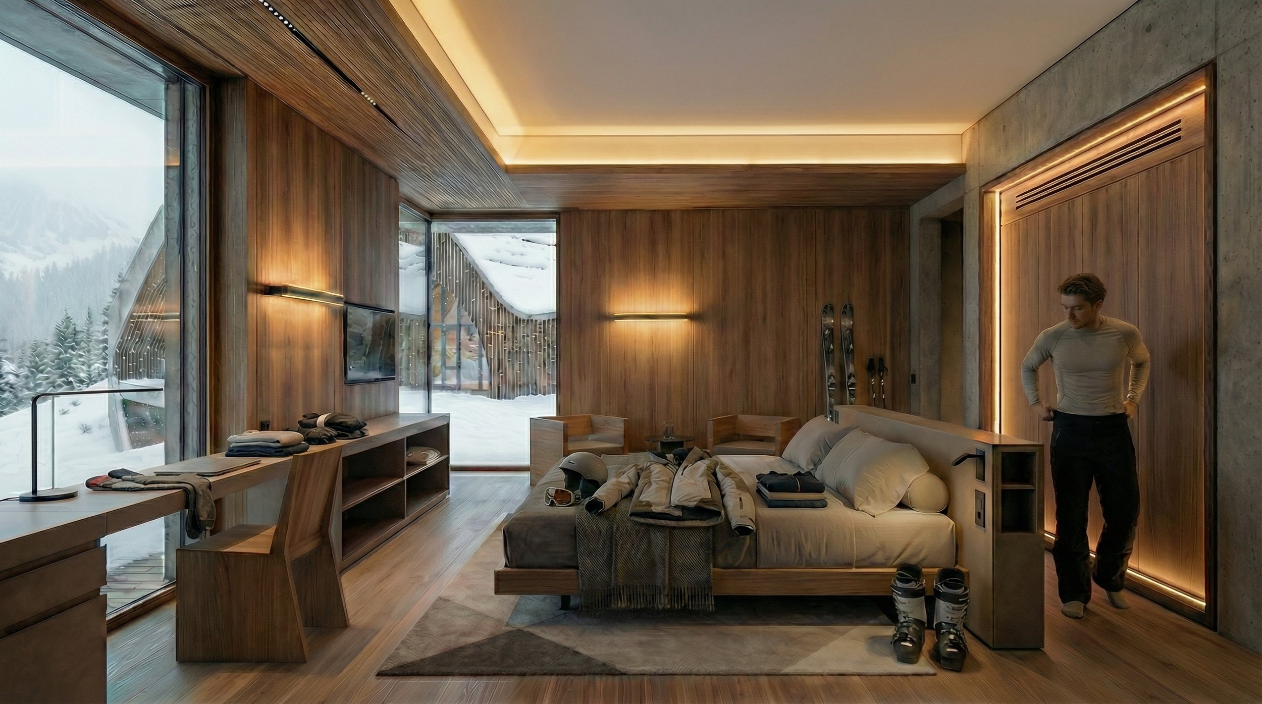 The room offers a sense of quiet that is not empty, but full. Light moves gently across surfaces, touching materials that feel warm and grounded. It becomes a place where the body can slow down, where the outside world fades without disappearing comp