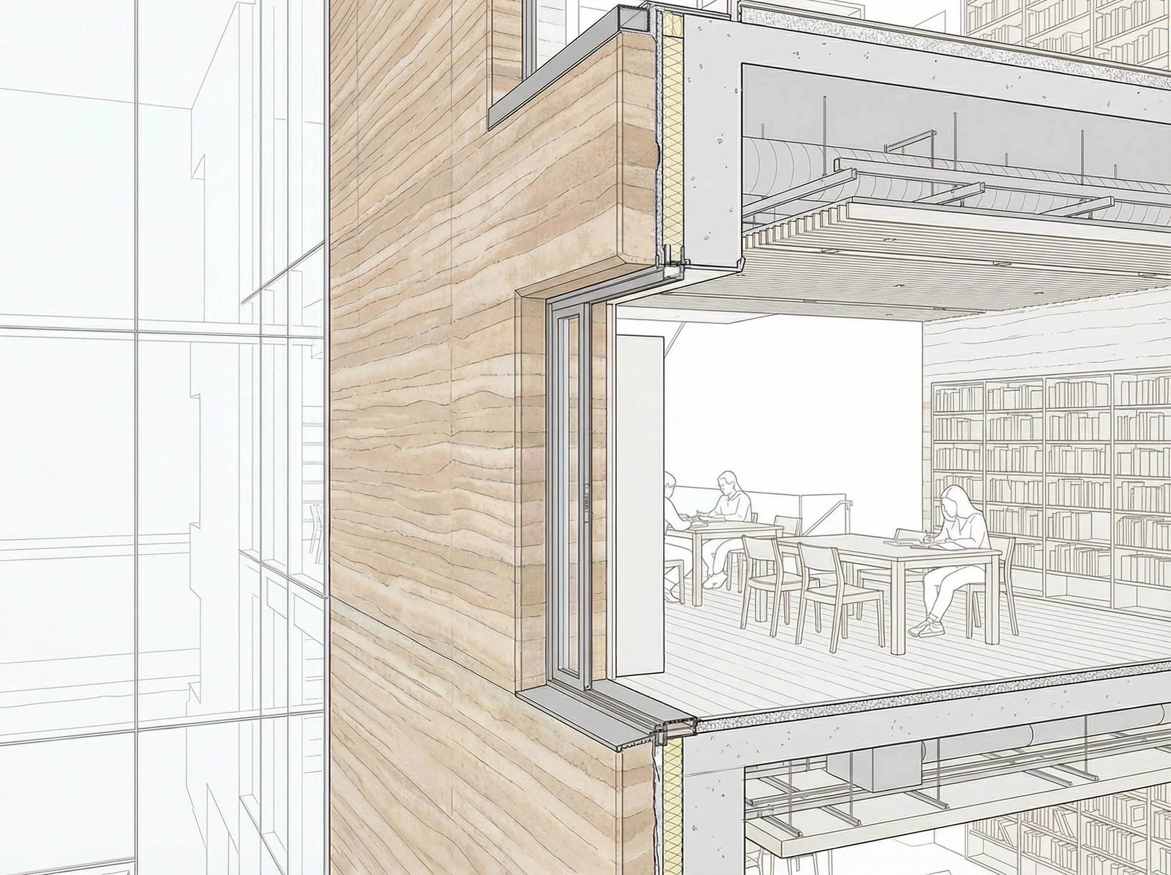 Transparency exposes the interior life of the library.
The contrast between earth and glass defines the building’s spatial identity.