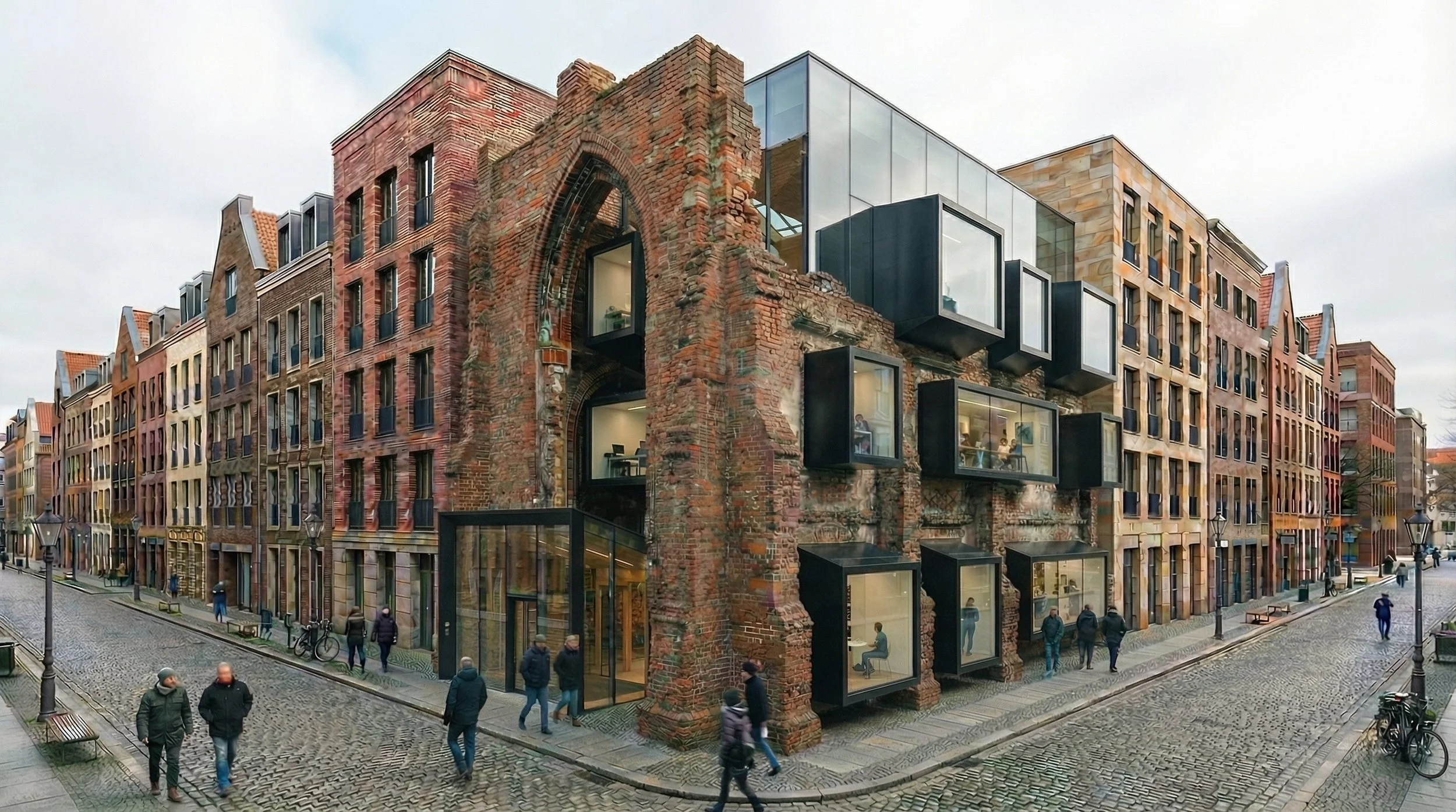 The project explores a more assertive intervention, where volumes extend outward from the existing walls. These elements amplify the openings, transforming them into inhabitable projections. The façade becomes active, no longer only a surface, but a 