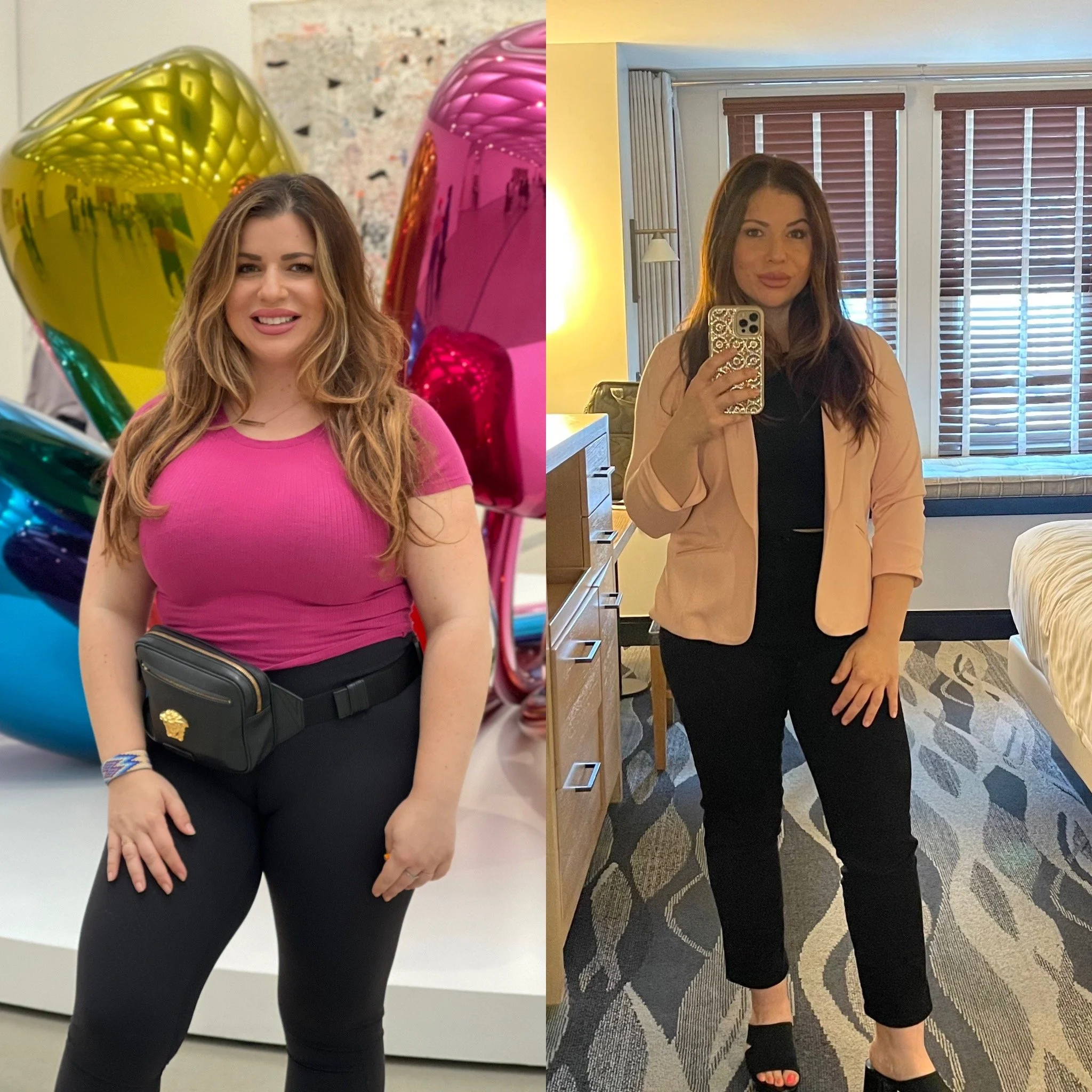 A woman with wavy, shoulder-length hair, wearing a pink top and black pants, standing indoors with colorful balloons in the background on the left side and taking a mirror selfie in a room with wooden blinds and a patterned carpet on the right side.