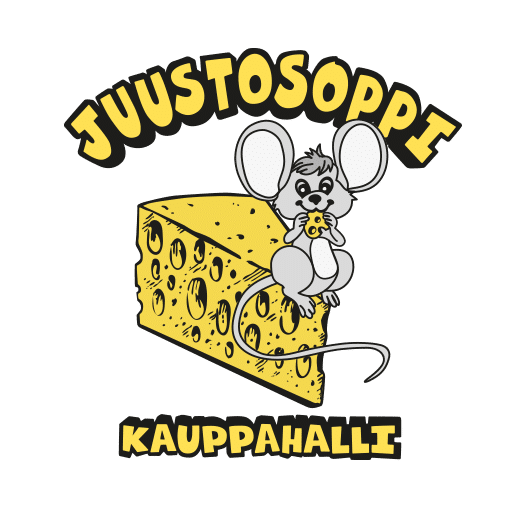 Hiiri istuu juuston päällä ja pitää pienen juustoviipaleen suussaan, teksti "Juustosoppi Kauppahallie" ylä- ja alanurkissa.