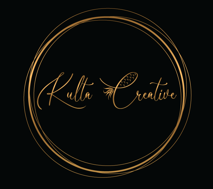 Mustalla taustalla logo, jossa kultaisella tekstityylillä 'Kulta Creative' ja ympyräkehys.