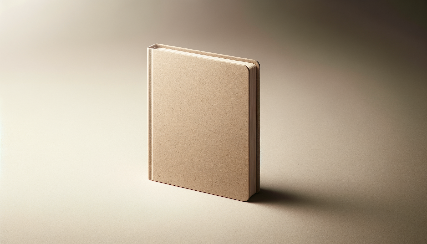 A closed beige hardcover book standing upright on a light and beige background.