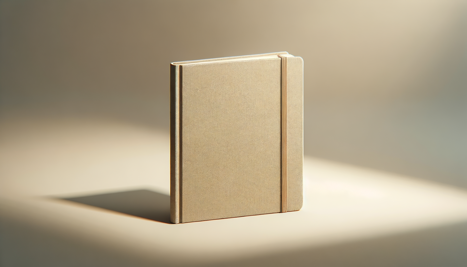 Beige hardcover journal with elastic band standing upright, casting a shadow on a neutral background.