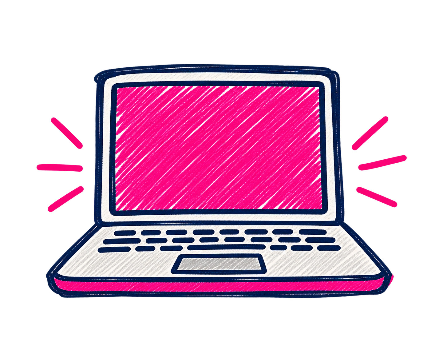 Hand-drawn illustration of an open laptop with pink screen, blue outline, and red and purple radiating lines around it.