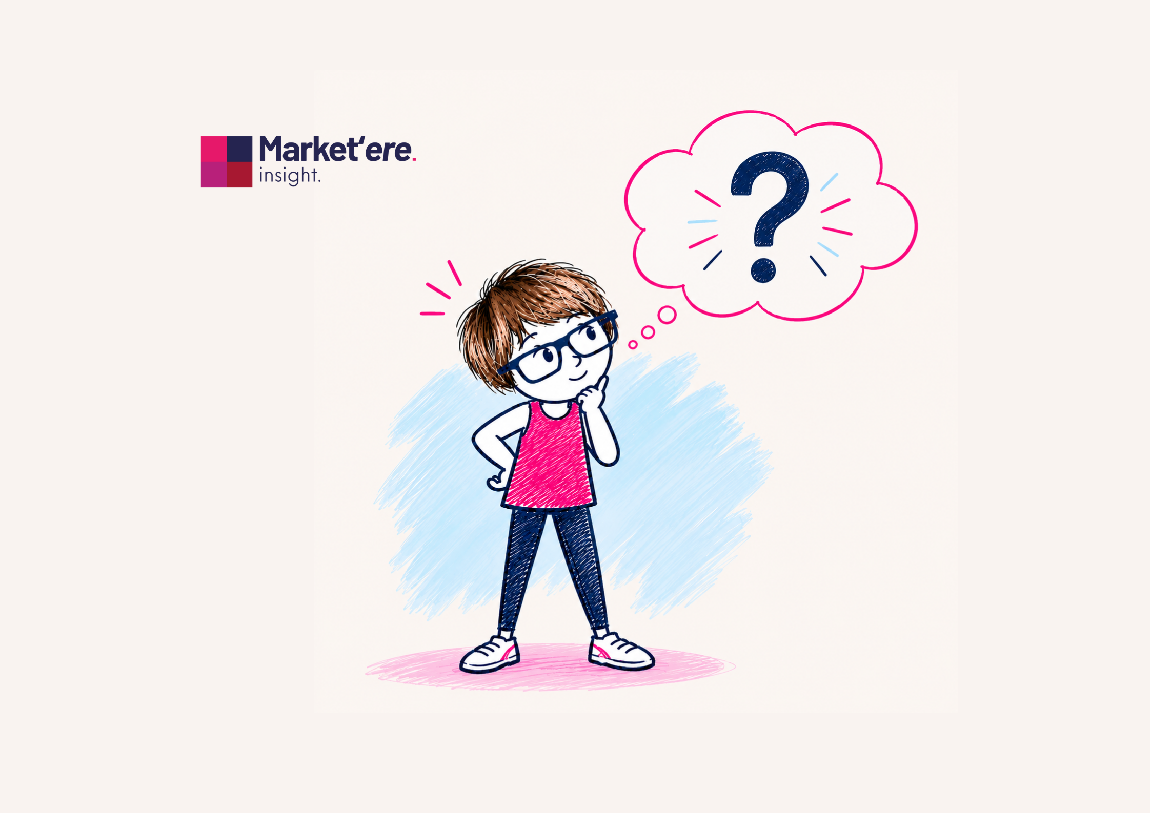 Cartoon girl with blue jeans and a pink top, looking to her left, with a large speech bubble and a question mark.