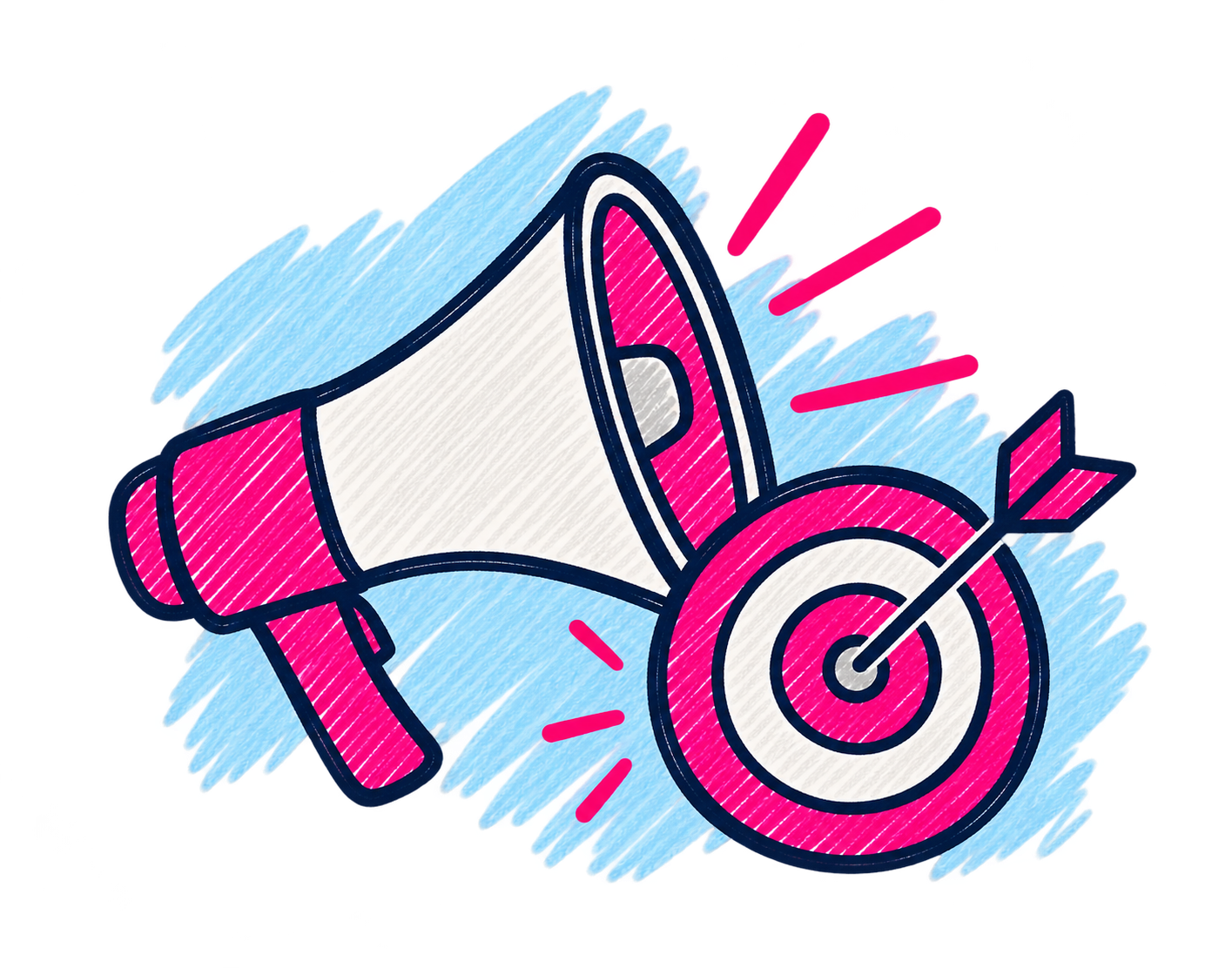 A colorful illustration of a megaphone and a target with an arrow hitting the bullseye, symbolizing communication and goal achievement.