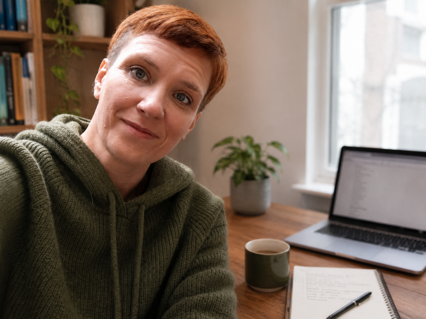 Lady with a short pixie hair, auburn colour, sat facing the camera with her desk to the back of her, a laptop and a cup of coffee.