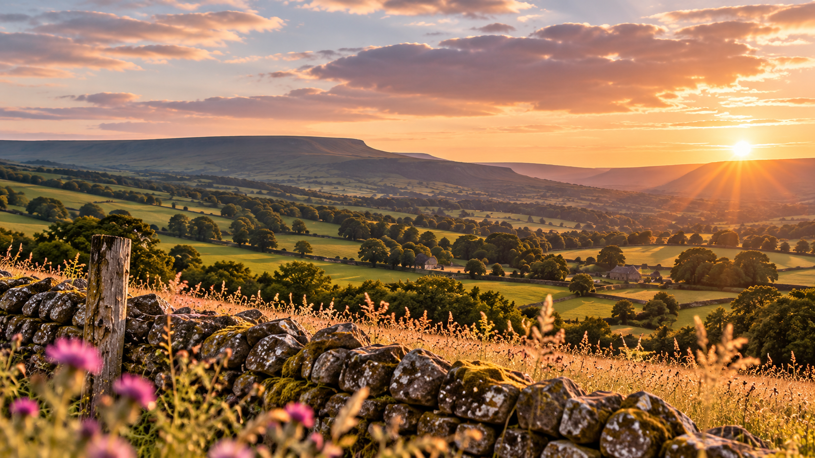 A Yorkshire Sunset over rolling green hills with stone walls and scattered trees, with a distant plateau in the background and pink wildflowers in the foreground.