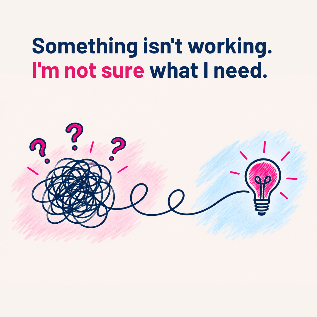 Something isn't working. I'm not sure what I need – hand-drawn illustration of a tangled line becoming a lightbulb.