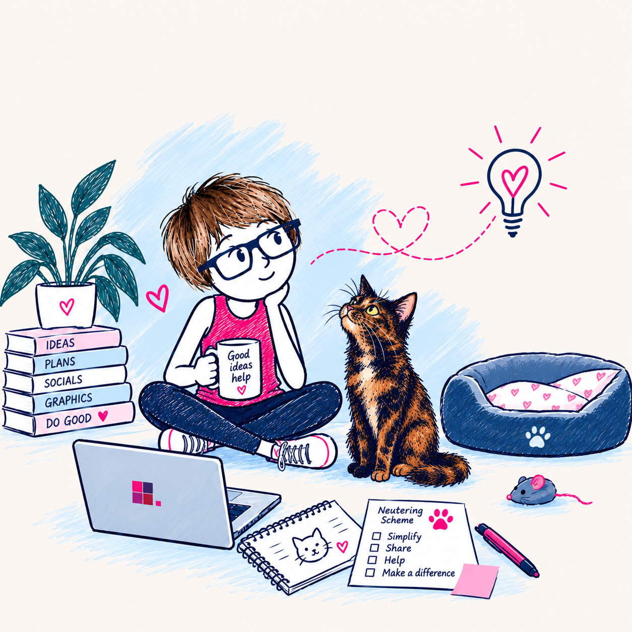 A cartoon girl in a pink dress is sat next to sophie the tortoiseshell cat. She has a mug in her hand and books at the side of her.