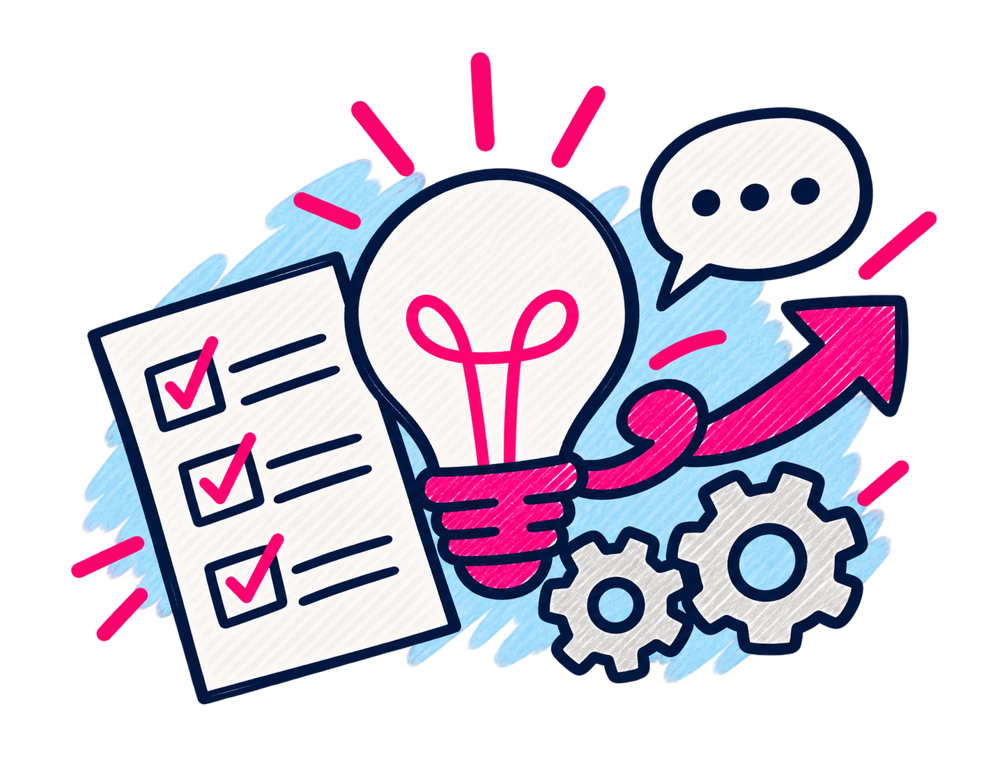 Illustration of a lightbulb, checklist, gears, speech bubble, and upward arrow, symbolizing ideas, planning, and growth.