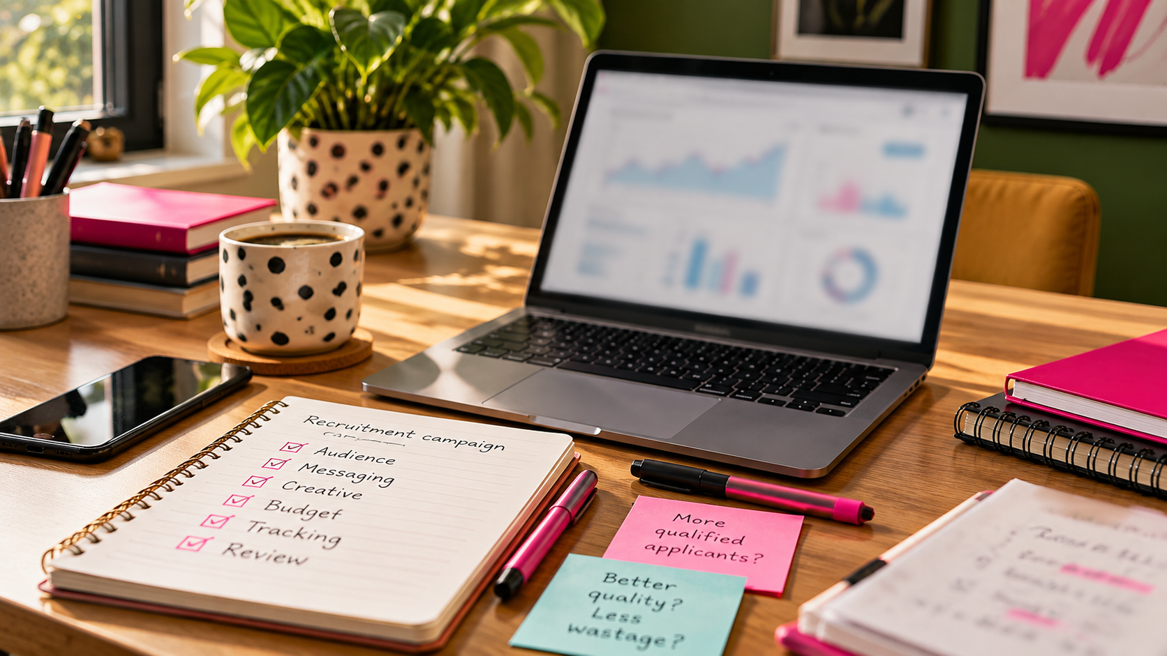 A work desk with notebooks, pens, a smartphone, a laptop showing charts, a potted plant, cups of coffee, and colorful sticky notes with handwritten notes, set in natural light.