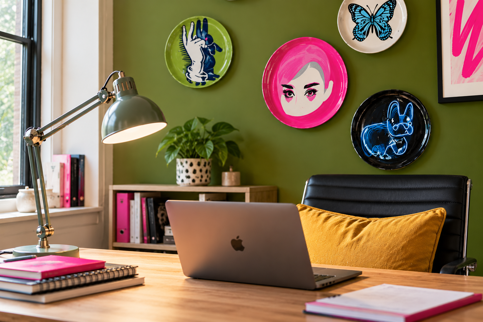 A home office with a wooden desk, a laptop, a green desk lamp, notebooks, and a yellow pillow on a black chair. The green wall behind features colorful decorative plates with various designs, including a pink face, a butterfly, a dog, and a hand holding a flower. A bookshelf with pink and black binders and a potted plant are also visible.