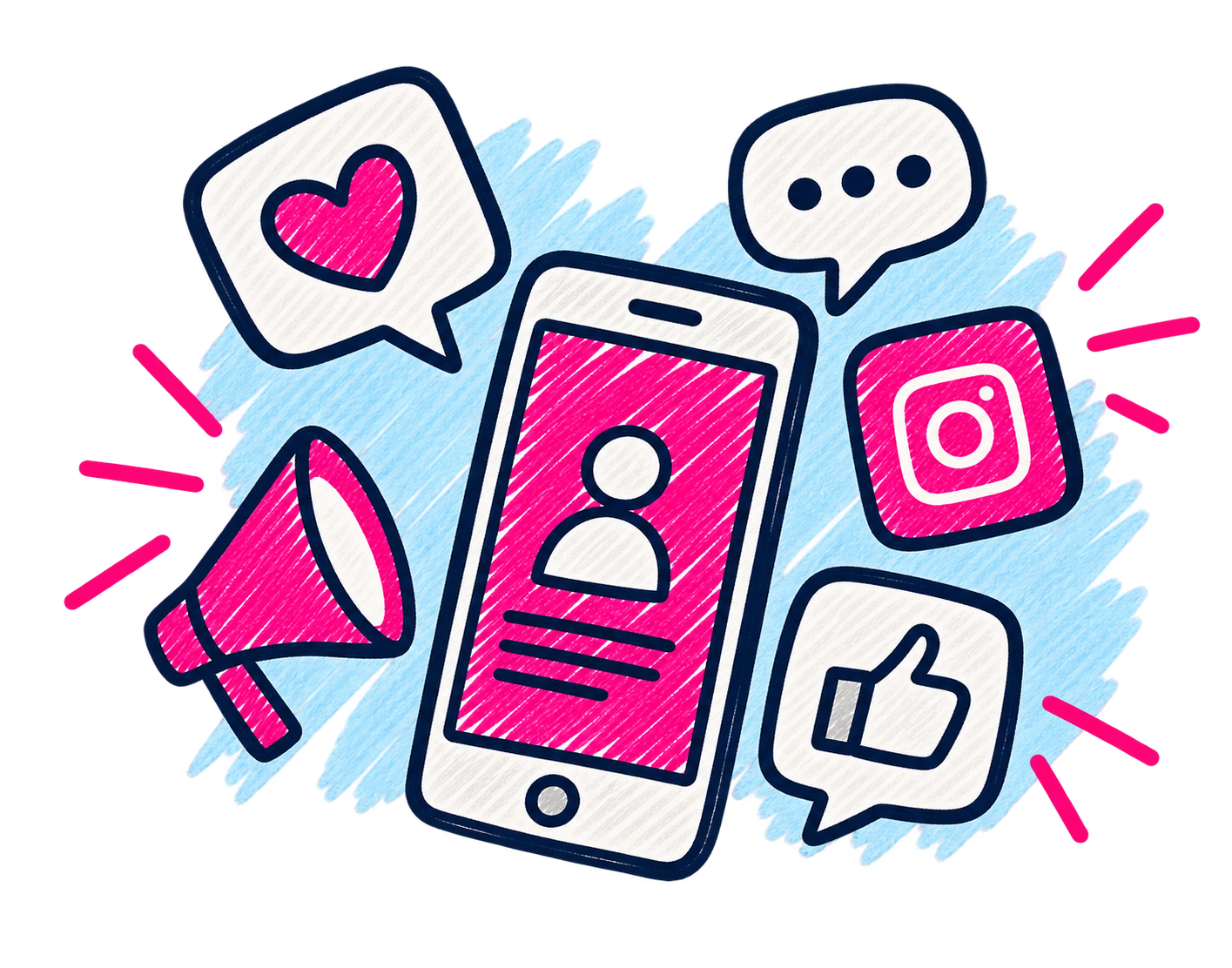Illustration of social media and communication icons, including a smartphone with a user profile, a megaphone, a heart, a speech bubble, a thumbs-up, and Instagram logo on a blue and pink background.