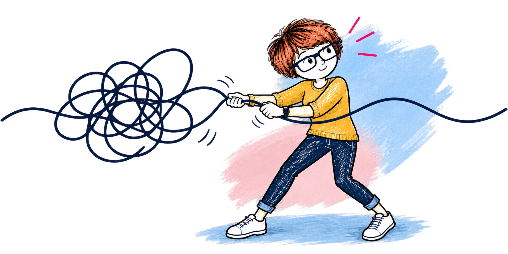 A cartoon girl with glasses and red hair wearing a yellow sweater, blue jeans, and white sneakers, pulling a tangled dark blue cord or string.