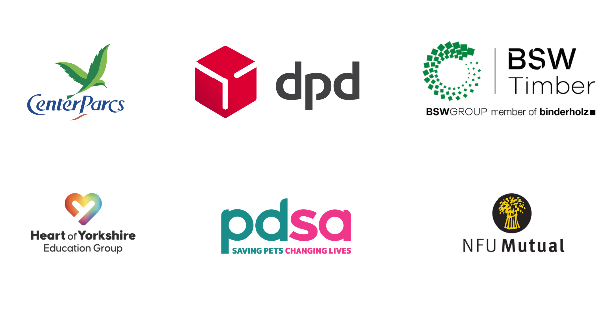Six logos including Center Parcs, DPD, BSW Timber, Heart of Yorkshire Education Group, PDSA and NFU Mutual.