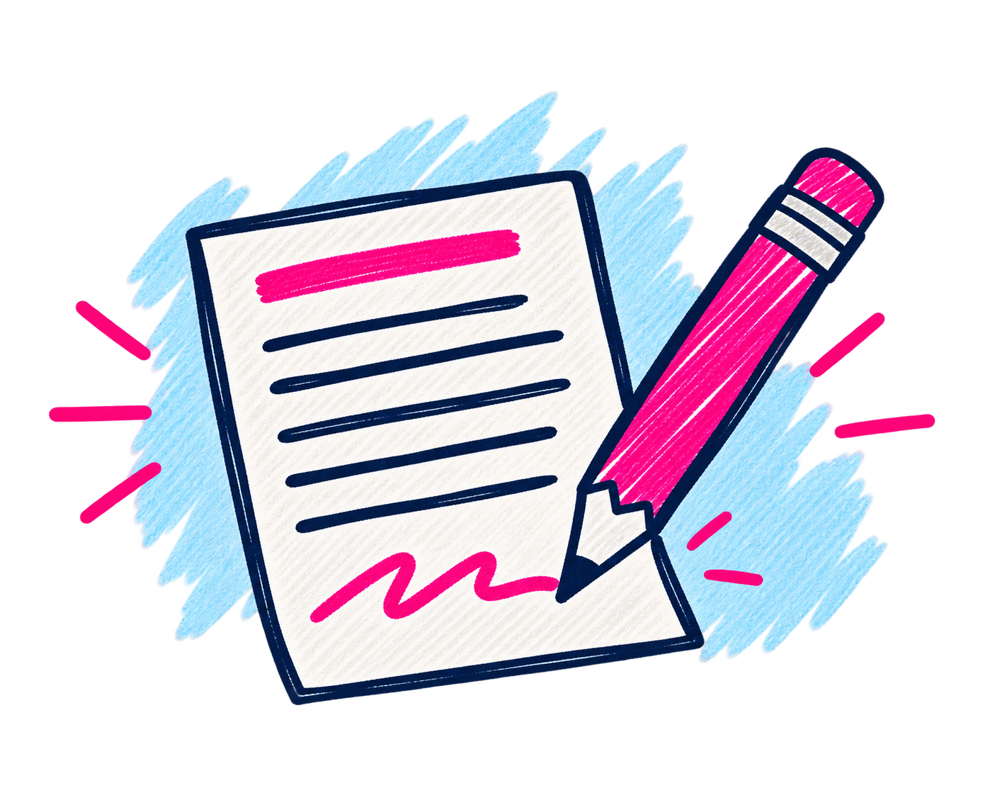 A colorful hand-drawn illustration of a document with lines of text, a pink header, and a pink squiggly signature at the bottom, paired with a pink pencil, all set against a textured blue background.