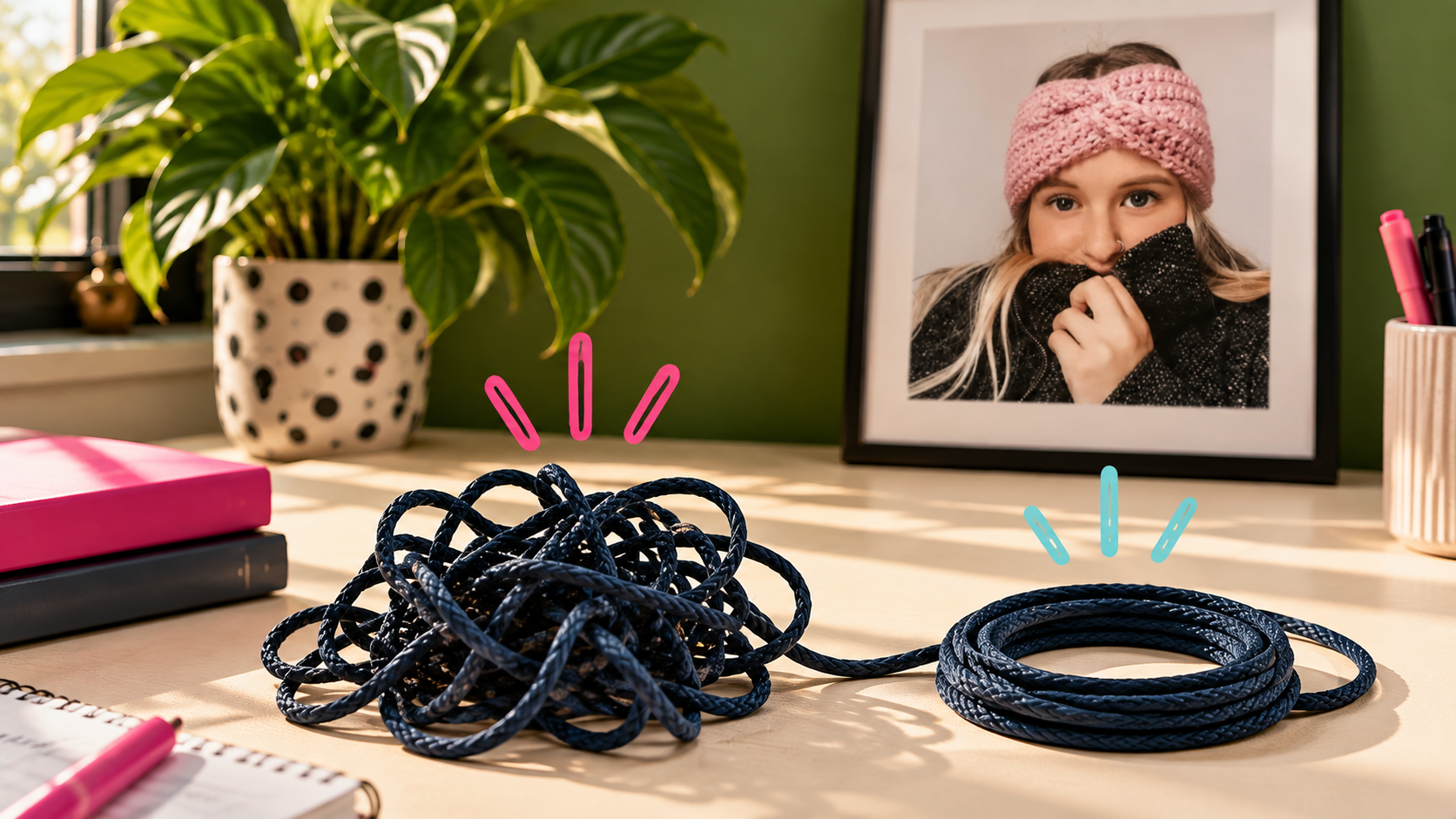 Desk with two tangled ropes, a plant in a polka dot pot, a framed photo of a girl with pink headband covering her nose, notebooks, pink pen, and a container with pens. Sunlight streams through the window.