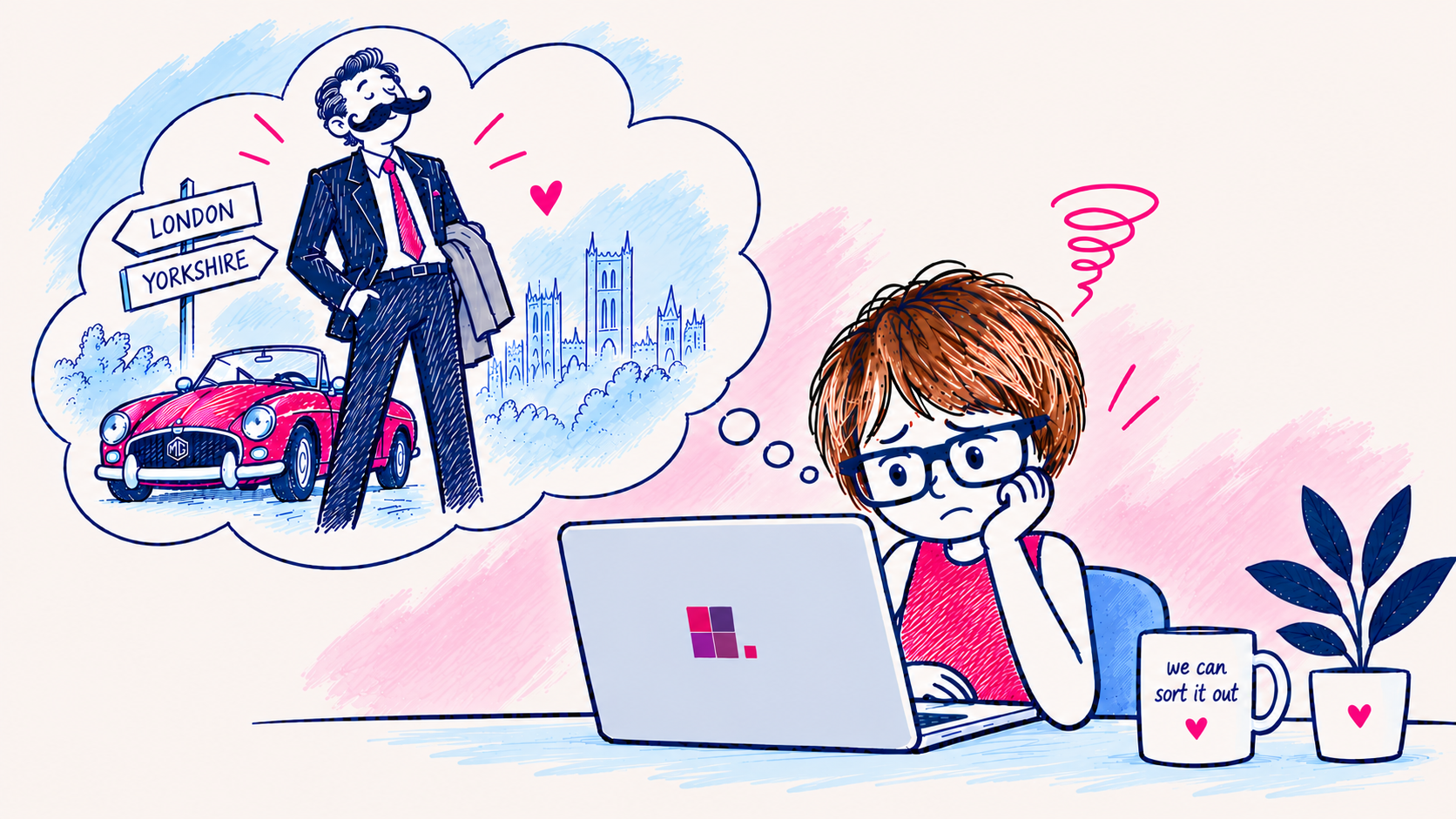 A cartoon depiction of a girl wearing glasses in a pink dress, looking at a computer and thinking about a tal mann in a suit with a handlebar moustache.