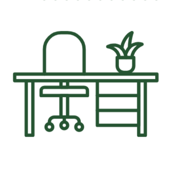 Outline of a desk with a chair and a potted plant on top.