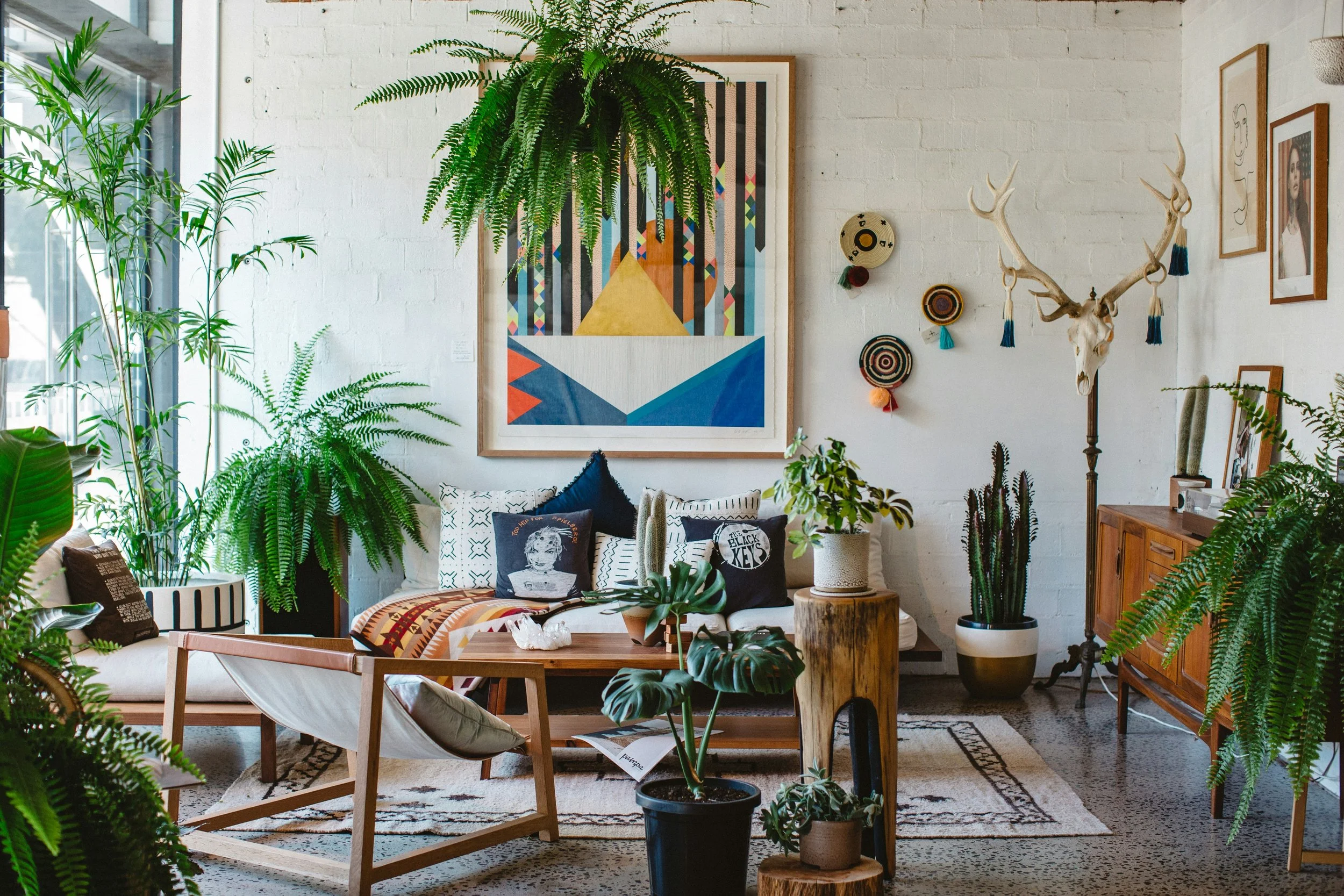 Living room decorated with various green plants, colorful abstract wall art, and eclectic decor including pillows and framed pictures. Contains a white couch with patterned pillows, a wooden coffee table, and a sideboard against a white brick wall.