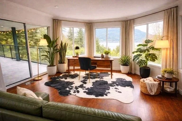 Bright living room with large bay windows, wooden desk with black chair, and various potted plants, overlooking a scenic outdoor view.